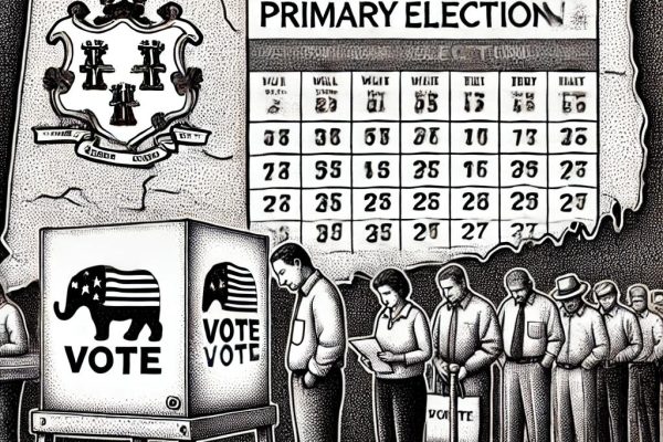 "Black and white stipple illustration of Connecticut primary election scene with a ballot box, voters, a calendar, and the Connecticut state map outline.