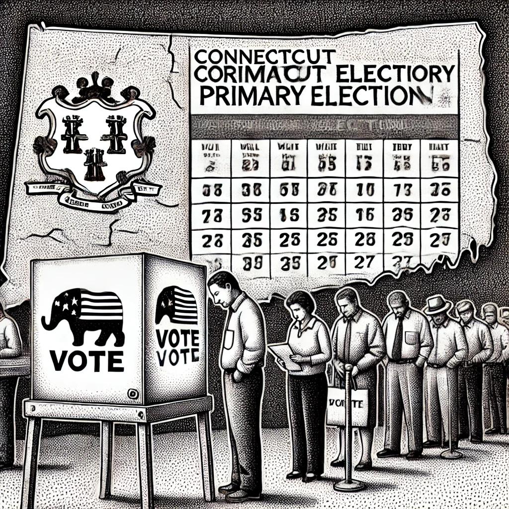 "Black and white stipple illustration of Connecticut primary election scene with a ballot box, voters, a calendar, and the Connecticut state map outline.