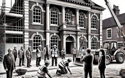 Black and white stipple illustration of a historic building renovation with workers laying engraved bricks at the entrance and community members observing.