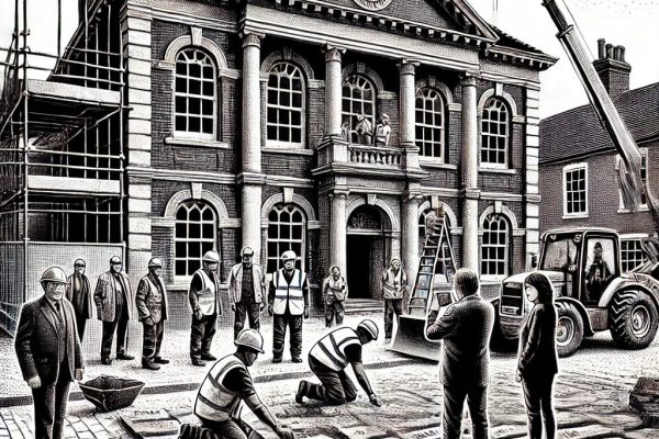 Black and white stipple illustration of a historic building renovation with workers laying engraved bricks at the entrance and community members observing.