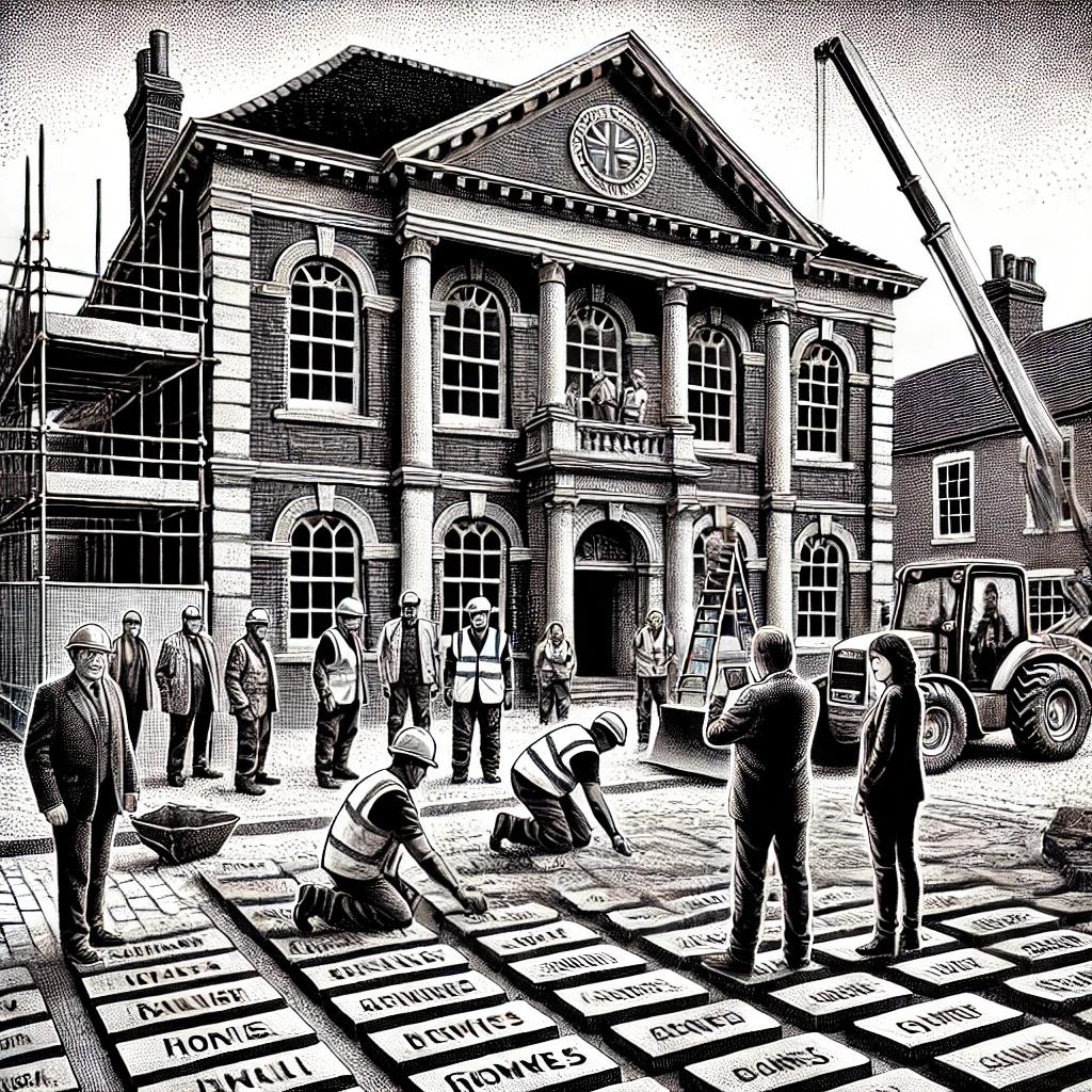 Black and white stipple illustration of a historic building renovation with workers laying engraved bricks at the entrance and community members observing.