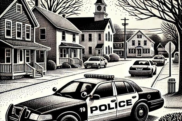 Black and white stipple illustration of a police car in front of houses and trees in a small town setting.