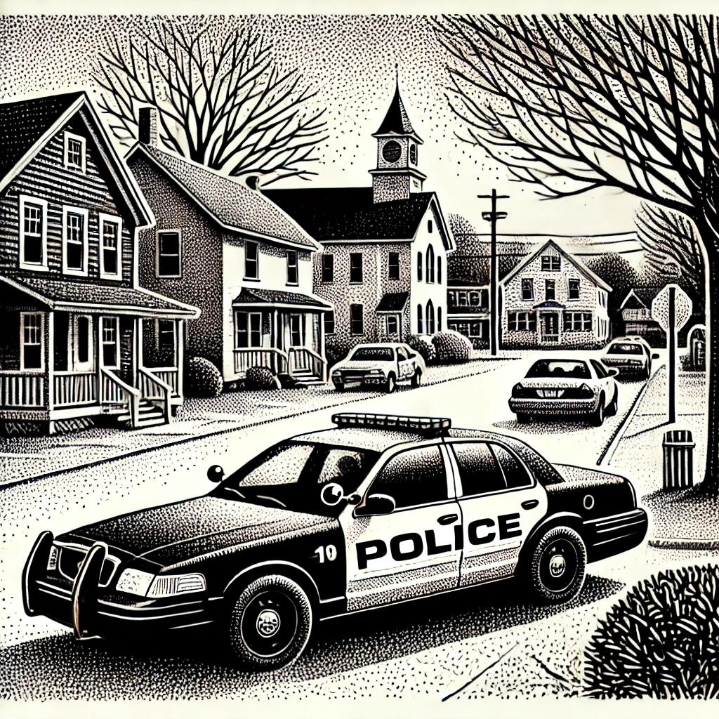 Black and white stipple illustration of a police car in front of houses and trees in a small town setting.