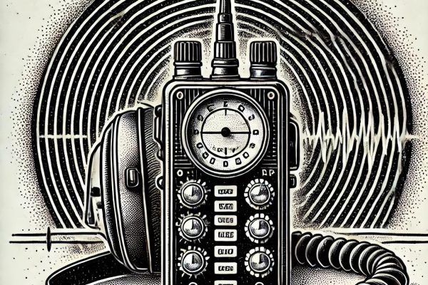 Black and white stipple illustration representing the role of a police dispatcher, featuring a vintage police radio, a headset, and a background of radio waves.