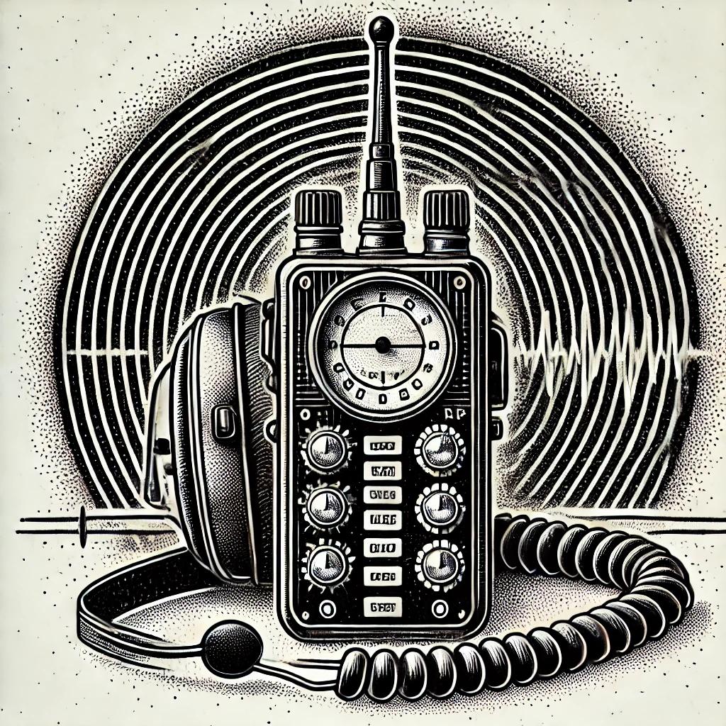 Black and white stipple illustration representing the role of a police dispatcher, featuring a vintage police radio, a headset, and a background of radio waves.