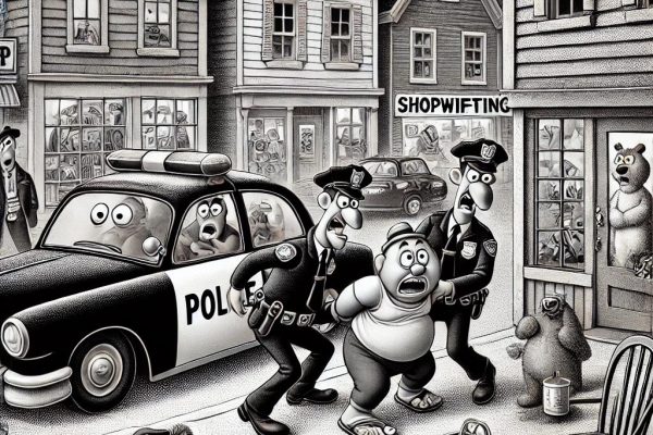 A black and white stipple illustration in a Pixar-like style showing a humorous scene in a quaint New England town. Features cartoonish, exaggerated police cars, a person being handcuffed with a comically exaggerated expression, another person shoplifting with an oversized bag, a cat watching from a shop window, and a confused bystander.