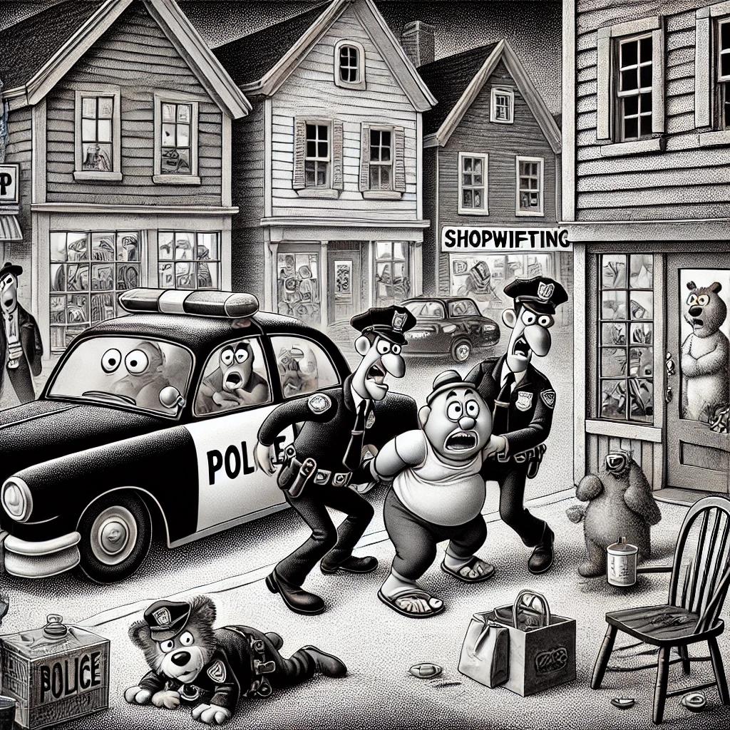 A black and white stipple illustration in a Pixar-like style showing a humorous scene in a quaint New England town. Features cartoonish, exaggerated police cars, a person being handcuffed with a comically exaggerated expression, another person shoplifting with an oversized bag, a cat watching from a shop window, and a confused bystander.