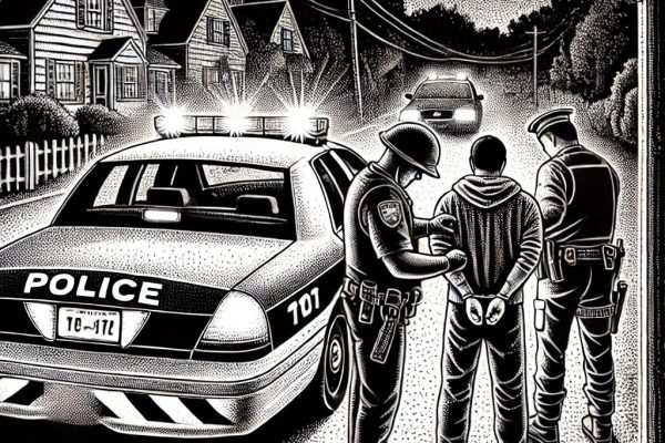 A black and white stipple illustration of a police officer making an arrest at night on Talcott Notch Road in Farmington, CT, featuring a police car with lights on, an officer in uniform, and a person being handcuffed. The background shows a suburban street with trees and houses.