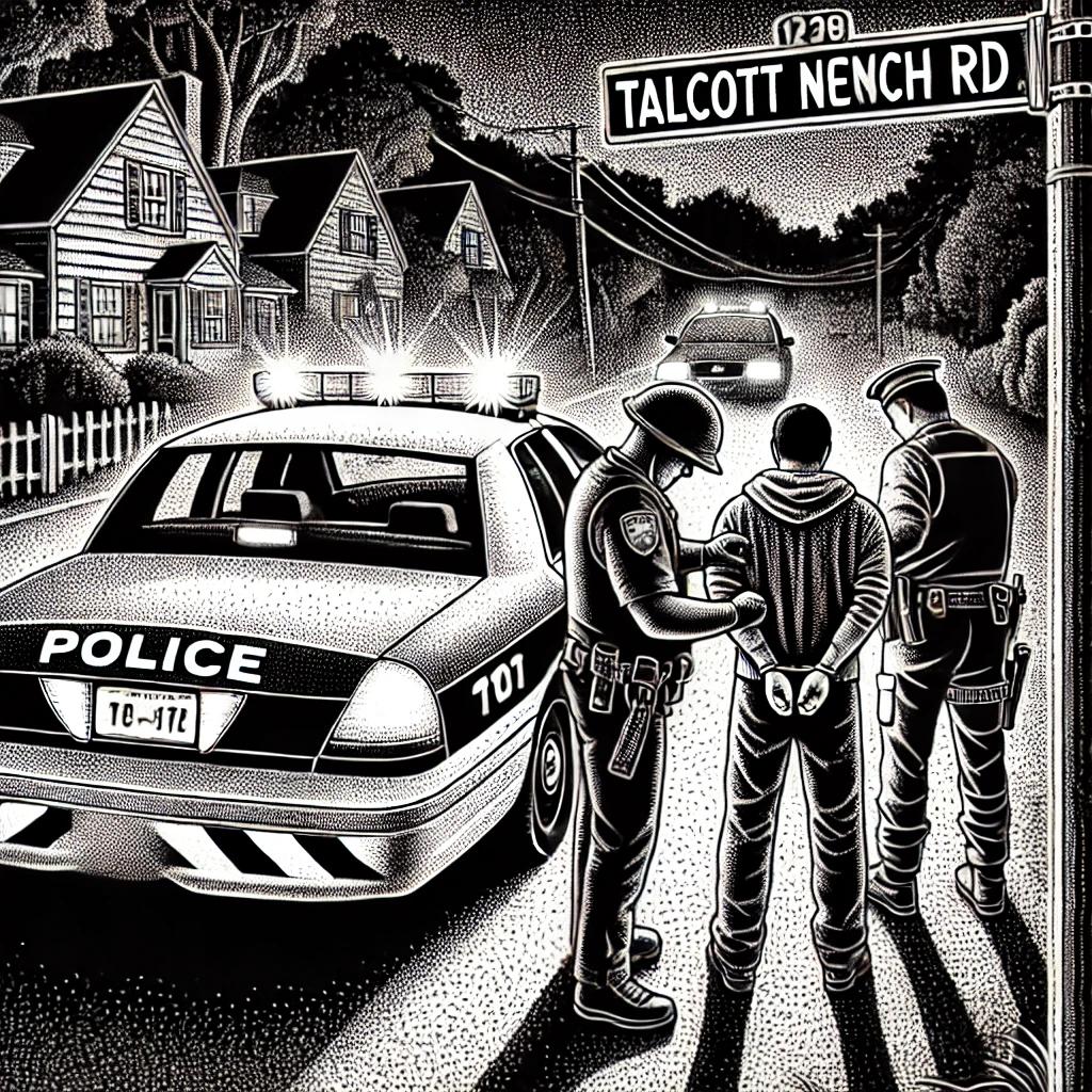 A black and white stipple illustration of a police officer making an arrest at night on Talcott Notch Road in Farmington, CT, featuring a police car with lights on, an officer in uniform, and a person being handcuffed. The background shows a suburban street with trees and houses.