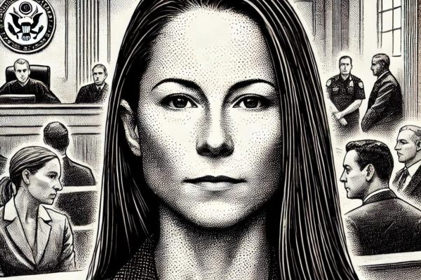 Stipple illustration of Michelle Troconis in a courtroom, facing forward with a serious expression, a judge's bench, legal documents, and indistinct media figures in the background.