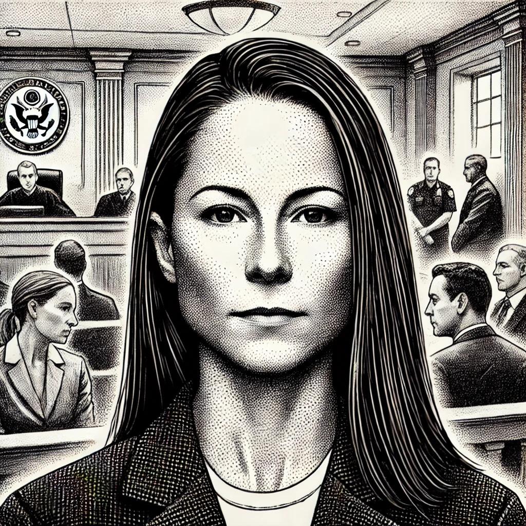 Stipple illustration of Michelle Troconis in a courtroom, facing forward with a serious expression, a judge's bench, legal documents, and indistinct media figures in the background.