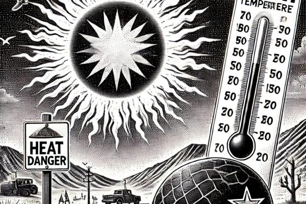 Stipple illustration warning about extreme heat, featuring a large sun with intense rays, a thermometer showing high temperature, a military helmet on the ground, and a caution sign.