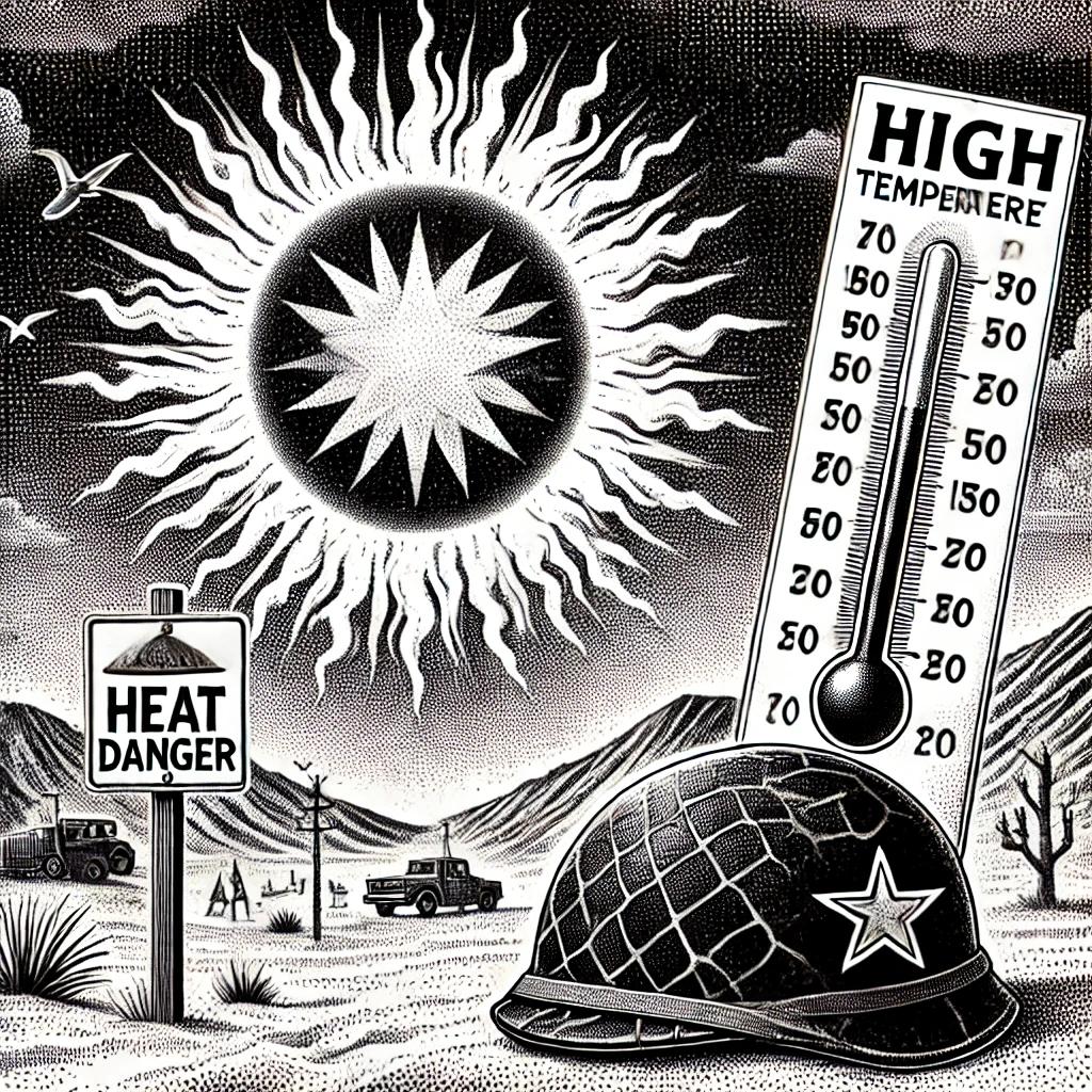 Stipple illustration warning about extreme heat, featuring a large sun with intense rays, a thermometer showing high temperature, a military helmet on the ground, and a caution sign.