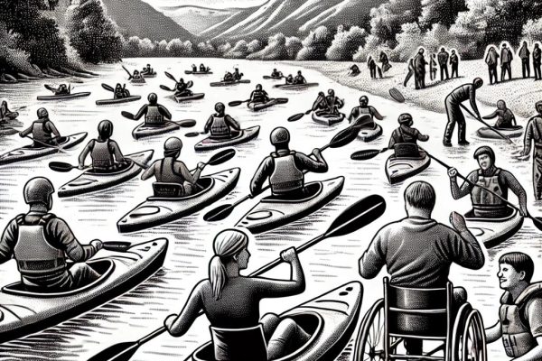 A black and white stipple illustration of individuals, including those with disabilities, kayaking on a river with volunteers assisting them, set against a scenic backdrop of trees and calm waters.