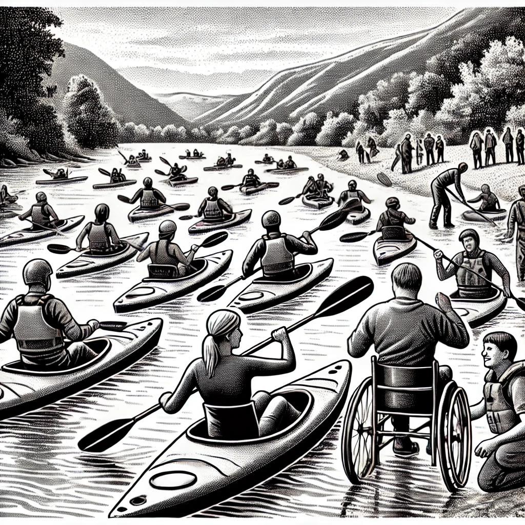 A black and white stipple illustration of individuals, including those with disabilities, kayaking on a river with volunteers assisting them, set against a scenic backdrop of trees and calm waters.