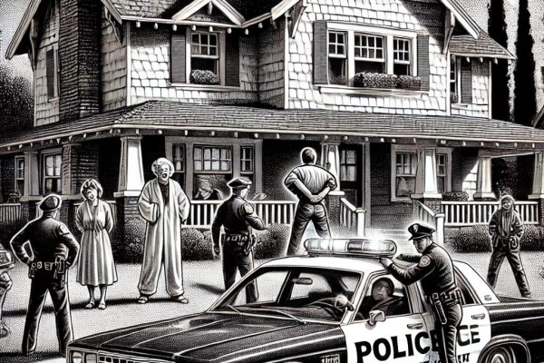 A black and white stipple illustration of a dramatic police scene in a quiet suburban street with a police car, an officer arresting a man, and shocked neighbors looking on.