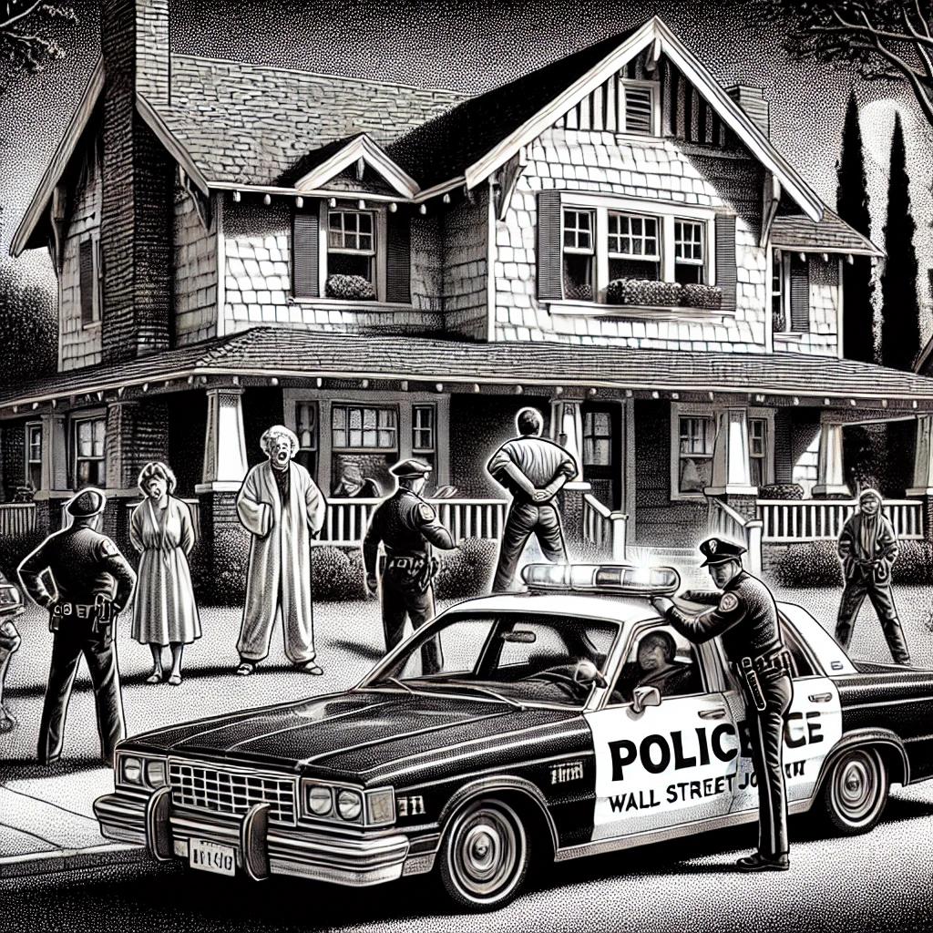 A black and white stipple illustration of a dramatic police scene in a quiet suburban street with a police car, an officer arresting a man, and shocked neighbors looking on.