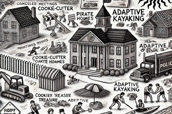 A humorous black and white stipple illustration depicting a chaotic town scene with elements representing canceled meetings, cookie-cutter homes, buried pirate treasure, road construction, baseball games, adaptive kayaking, a unique mansion, a heat wave affecting officer training, and several arrests.