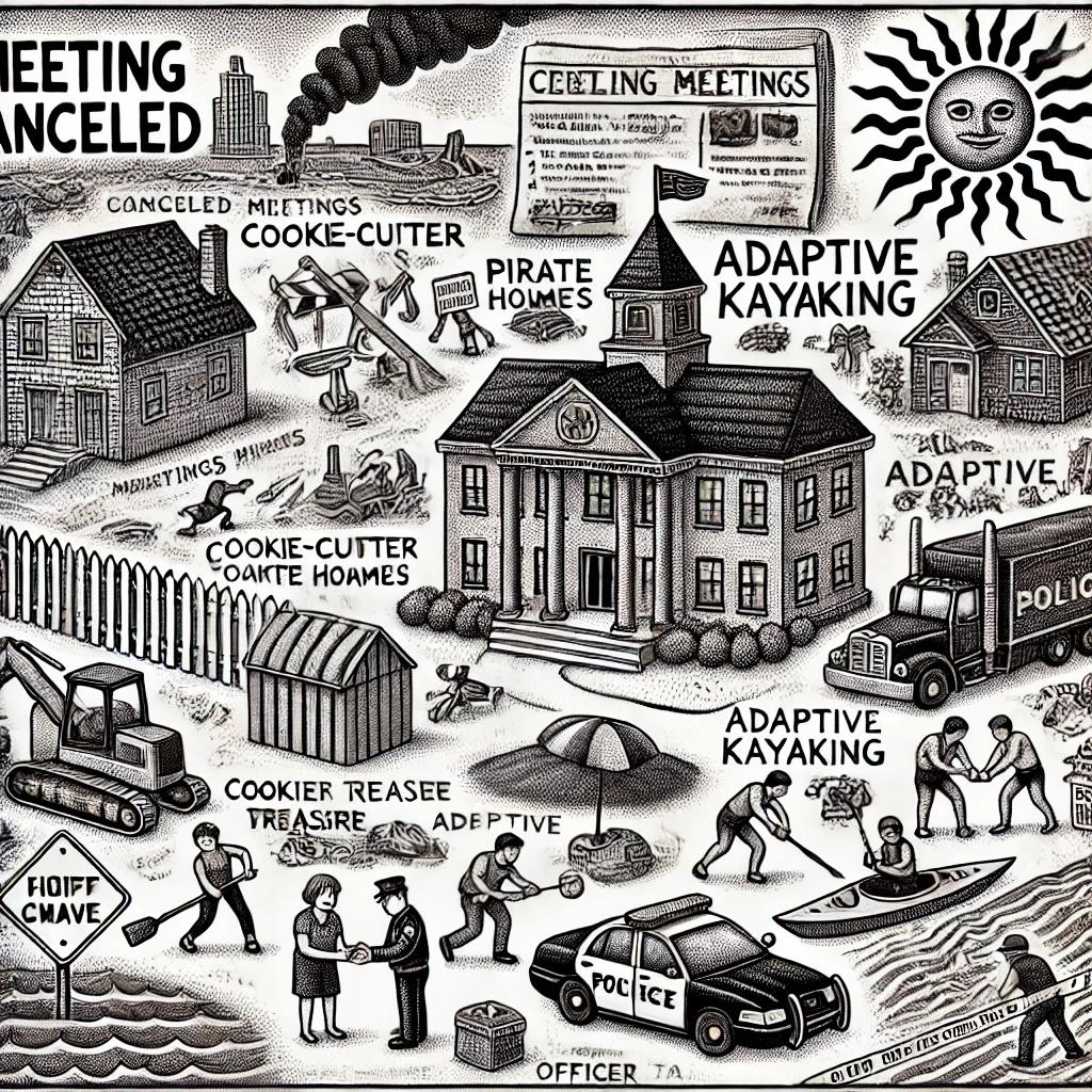 A humorous black and white stipple illustration depicting a chaotic town scene with elements representing canceled meetings, cookie-cutter homes, buried pirate treasure, road construction, baseball games, adaptive kayaking, a unique mansion, a heat wave affecting officer training, and several arrests.