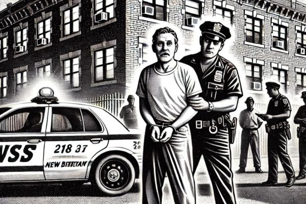 Black and white stipple illustration of a middle-aged man being arrested by police officers in front of an apartment building at 218 New Britain Ave. A police car with flashing lights and onlookers are in the background.