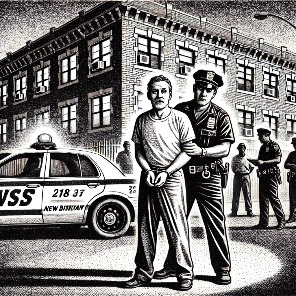 Black and white stipple illustration of a middle-aged man being arrested by police officers in front of an apartment building at 218 New Britain Ave. A police car with flashing lights and onlookers are in the background.