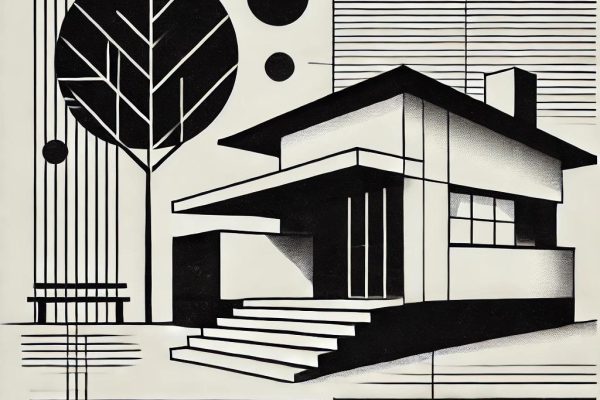 Abstract Bauhaus style black and white image depicting a shed, pavilion, and tree, representing Farmington Wetlands Commission meeting on July 24, 2024.