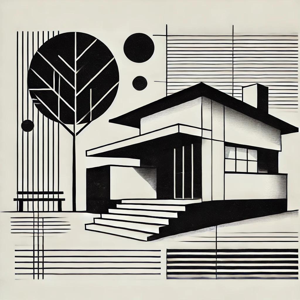 Abstract Bauhaus style black and white image depicting a shed, pavilion, and tree, representing Farmington Wetlands Commission meeting on July 24, 2024.