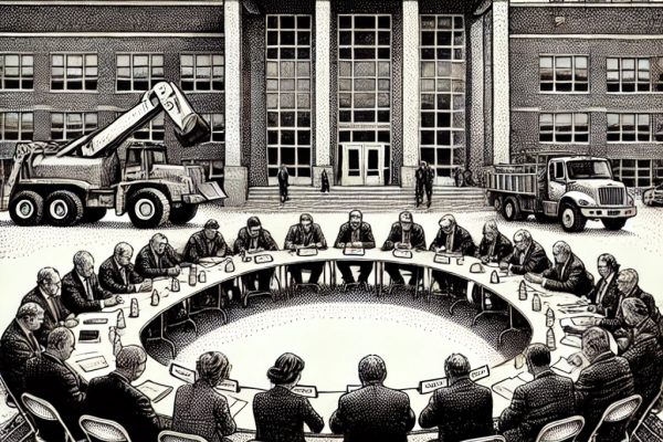 A detailed black and white stipple illustration of a formal committee meeting with people seated at a long table. The background includes a high school building with visible construction equipment.