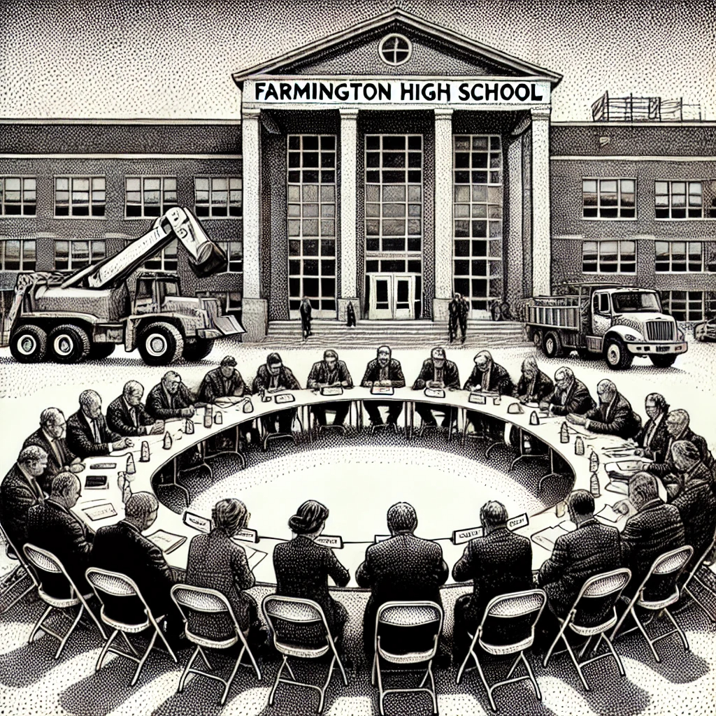 A detailed black and white stipple illustration of a formal committee meeting with people seated at a long table. The background includes a high school building with visible construction equipment.