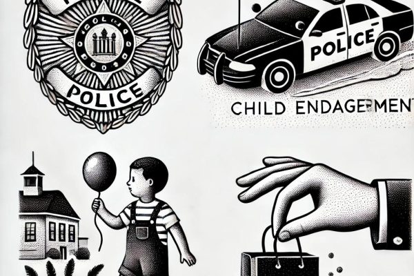 Black and white stipple illustration depicting a police badge, a car swerving to indicate DUI, a child holding a balloon alone to represent child endangerment, and a hand slipping an item into a bag to signify shoplifting, set against a town backdrop.