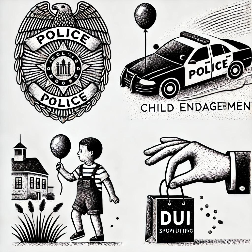 Black and white stipple illustration depicting a police badge, a car swerving to indicate DUI, a child holding a balloon alone to represent child endangerment, and a hand slipping an item into a bag to signify shoplifting, set against a town backdrop.