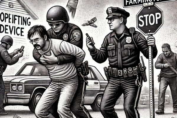 A black and white stipple illustration showing a police officer arresting two men on South Road; one man holds a shoplifting device while the other looks defiant. Another scene depicts a man being arrested for DUI near a car on Farmington Ave.