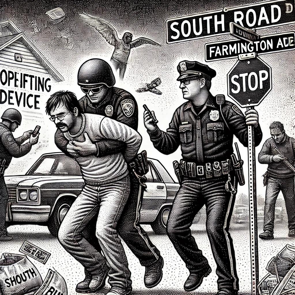 A black and white stipple illustration showing a police officer arresting two men on South Road; one man holds a shoplifting device while the other looks defiant. Another scene depicts a man being arrested for DUI near a car on Farmington Ave.