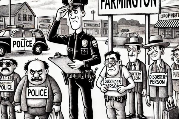 Black and white stipple image in Pixar style showing a police officer shaking his head at a group of cartoonish characters representing various arrests, with a “Welcome to Farmington” sign in the background.