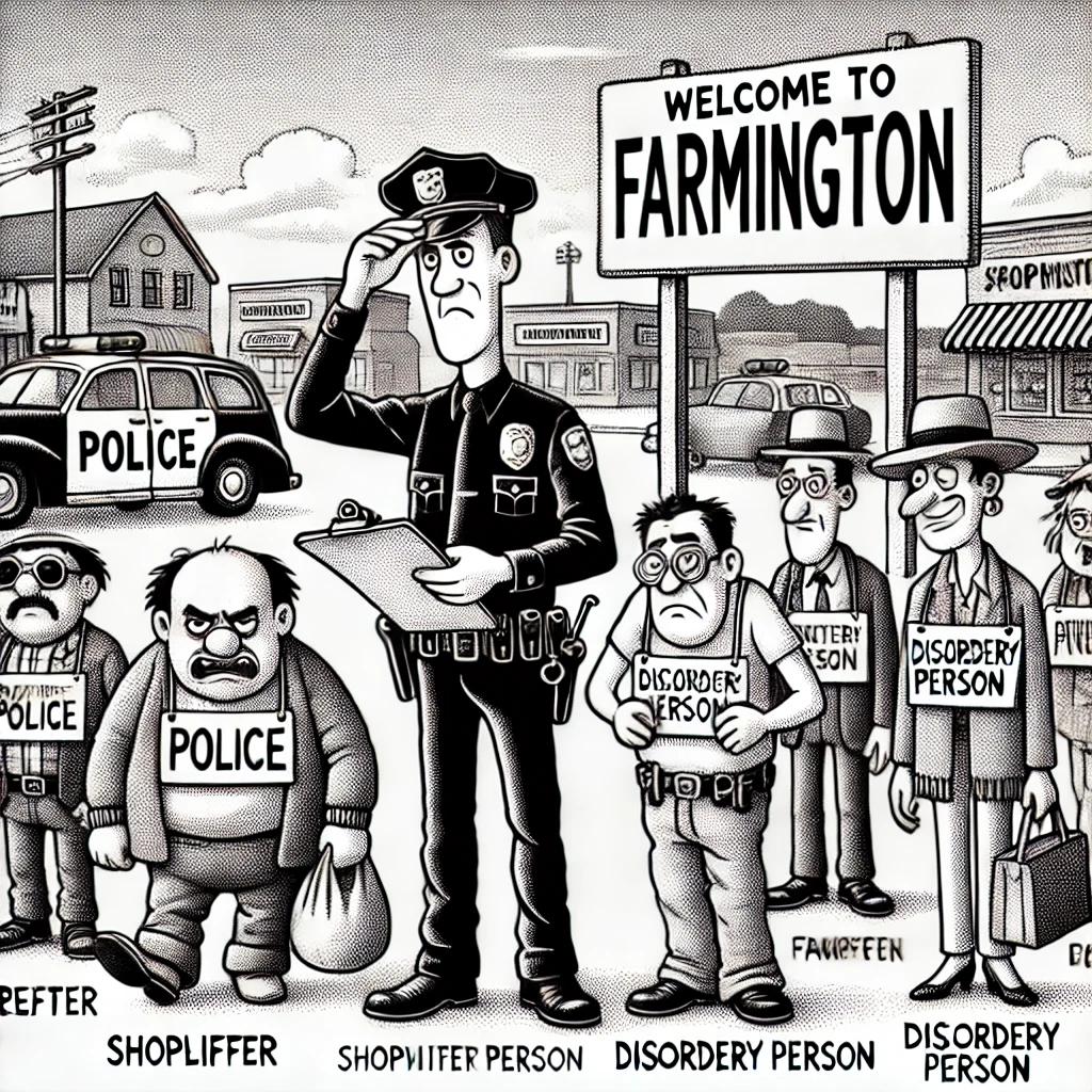 Black and white stipple image in Pixar style showing a police officer shaking his head at a group of cartoonish characters representing various arrests, with a “Welcome to Farmington” sign in the background.