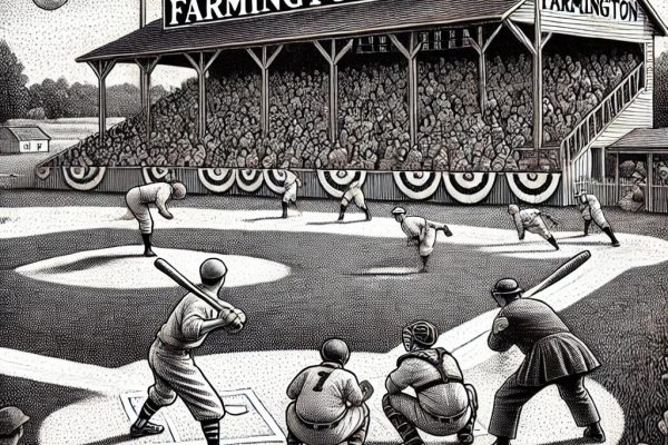 Black and white stipple illustration of a lively baseball game in Farmington, CT, featuring players on the field, a pitcher in mid-throw, a batter preparing to swing, with a background of spectators and a scoreboard.