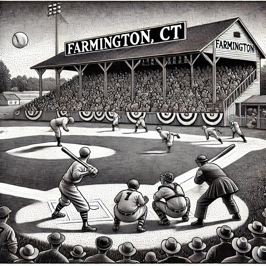 Black and white stipple illustration of a lively baseball game in Farmington, CT, featuring players on the field, a pitcher in mid-throw, a batter preparing to swing, with a background of spectators and a scoreboard.