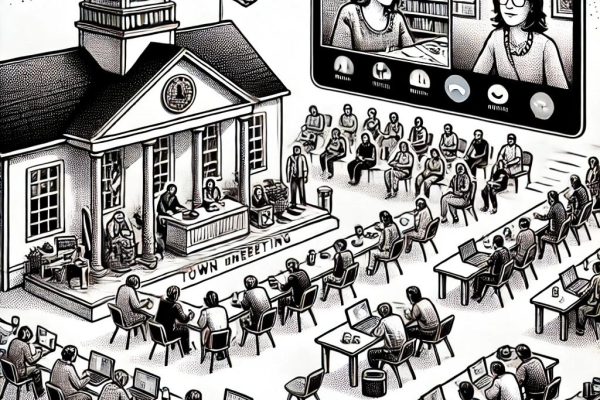 Black and white stipple illustration of a lively town meeting with a town hall, people engaging in discussions, and a virtual meeting setup with laptops and a Zoom call.