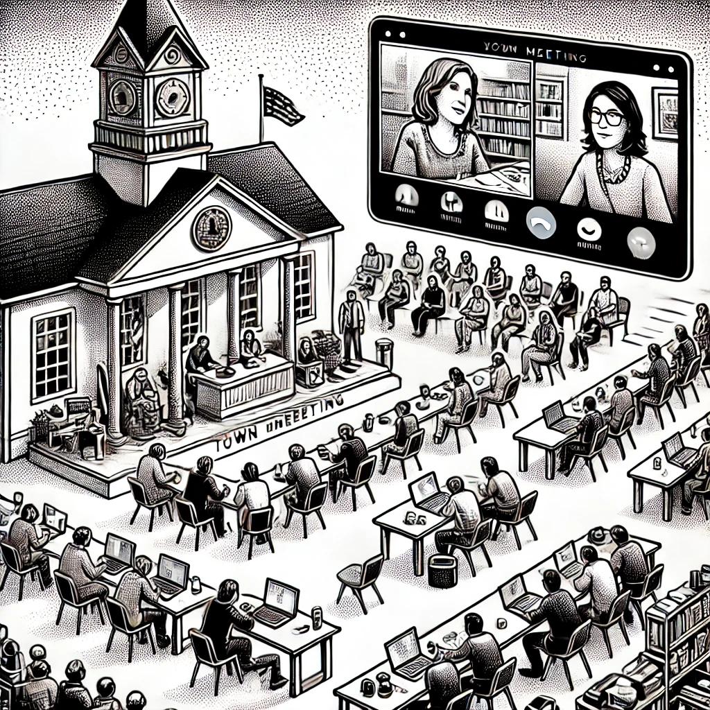 Black and white stipple illustration of a lively town meeting with a town hall, people engaging in discussions, and a virtual meeting setup with laptops and a Zoom call.