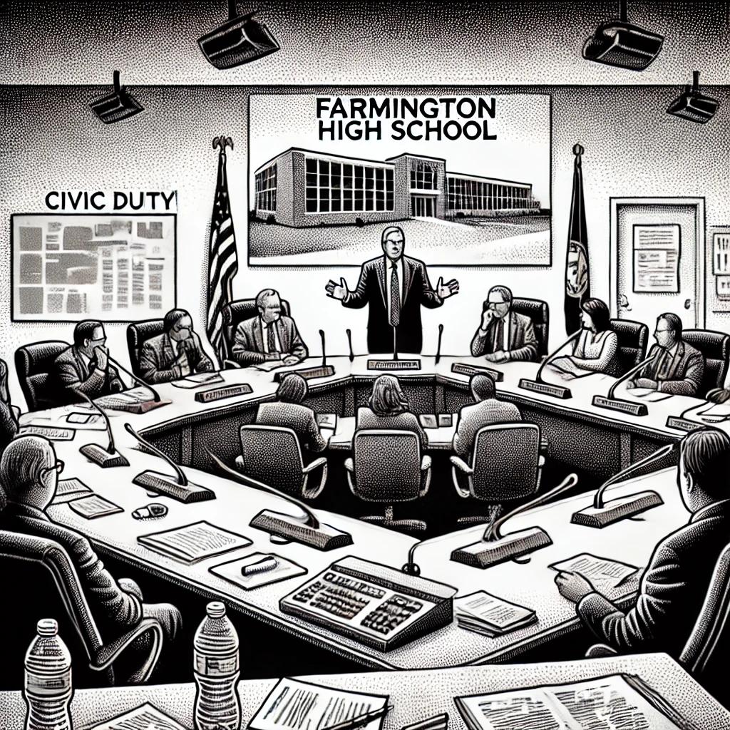 A black and white stipple illustration of a formal committee meeting in progress, featuring a main speaker addressing the room. Papers and microphones are on the table, with a backdrop showing the Farmington High School construction site.