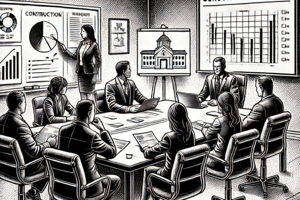 Black and white stipple illustration of a committee meeting discussing school construction documents and charts, in the style of the Wall Street Journal.