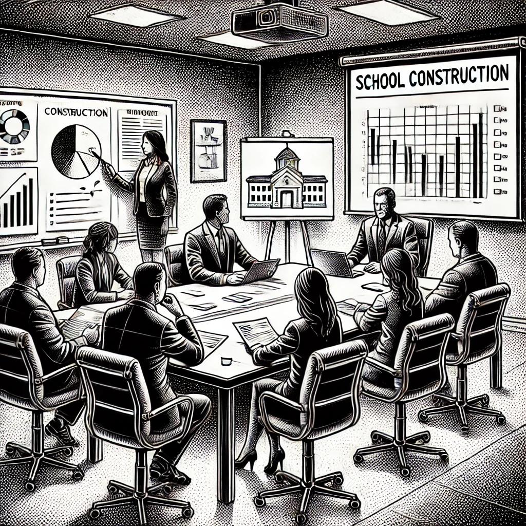 Black and white stipple illustration of a committee meeting discussing school construction documents and charts, in the style of the Wall Street Journal.