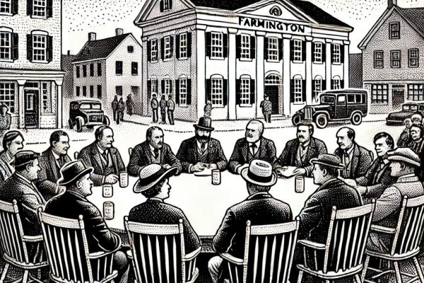 A black and white stipple illustration of a town meeting in Farmington Historic District, featuring a group of people engaged in discussion at a table with an old building in the background.