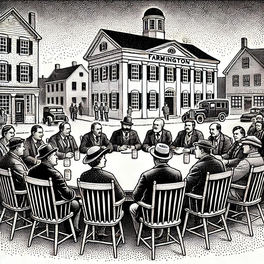 A black and white stipple illustration of a town meeting in Farmington Historic District, featuring a group of people engaged in discussion at a table with an old building in the background.