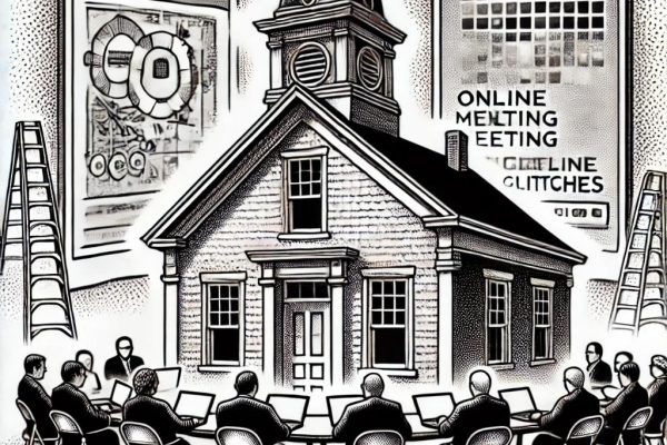 A black and white stipple illustration showing the Farmington Historic District Commission in session. Commissioners are discussing a historic building's window and cupola, with technical equipment in the background symbolizing online meeting glitches.