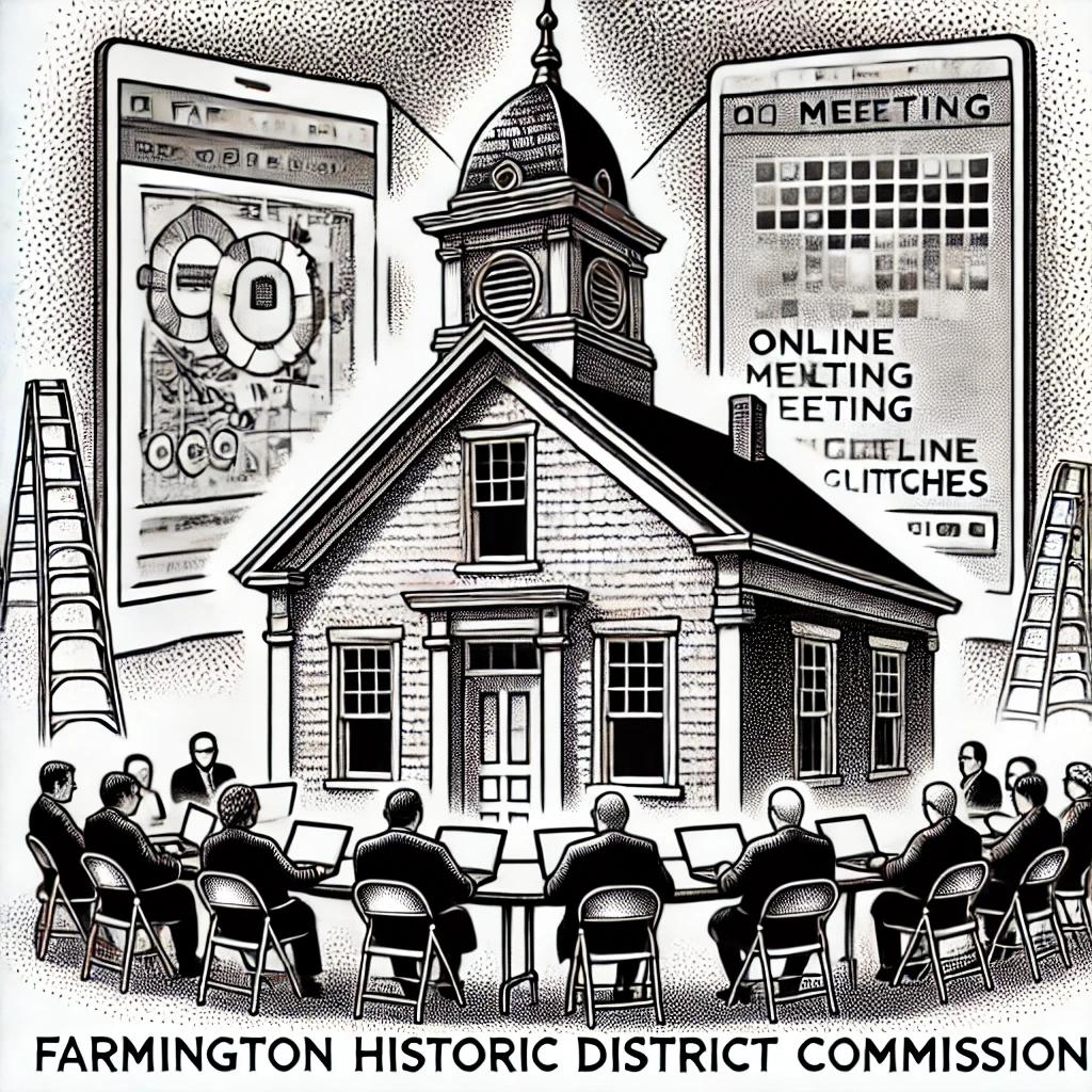 A black and white stipple illustration showing the Farmington Historic District Commission in session. Commissioners are discussing a historic building's window and cupola, with technical equipment in the background symbolizing online meeting glitches.