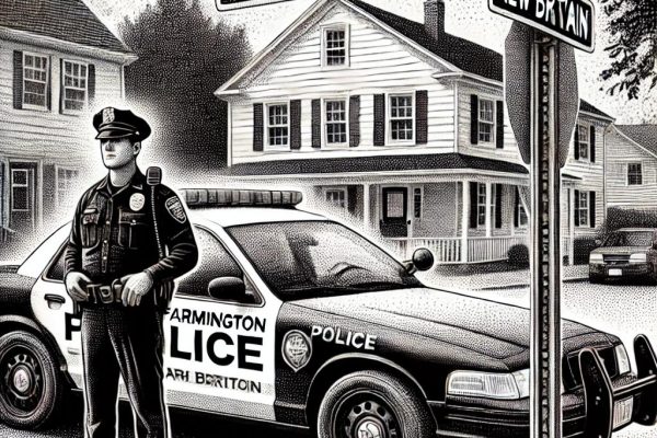 Black and white stipple illustration of a Farmington police officer standing next to a police car with 'Farmington Police' written on it, on New Britain Ave in a small town setting.