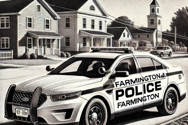 A black and white stipple illustration in the style of the Wall Street Journal depicting a Farmington Police Department car parked on a street in Farmington, CT, with buildings and trees in the background.