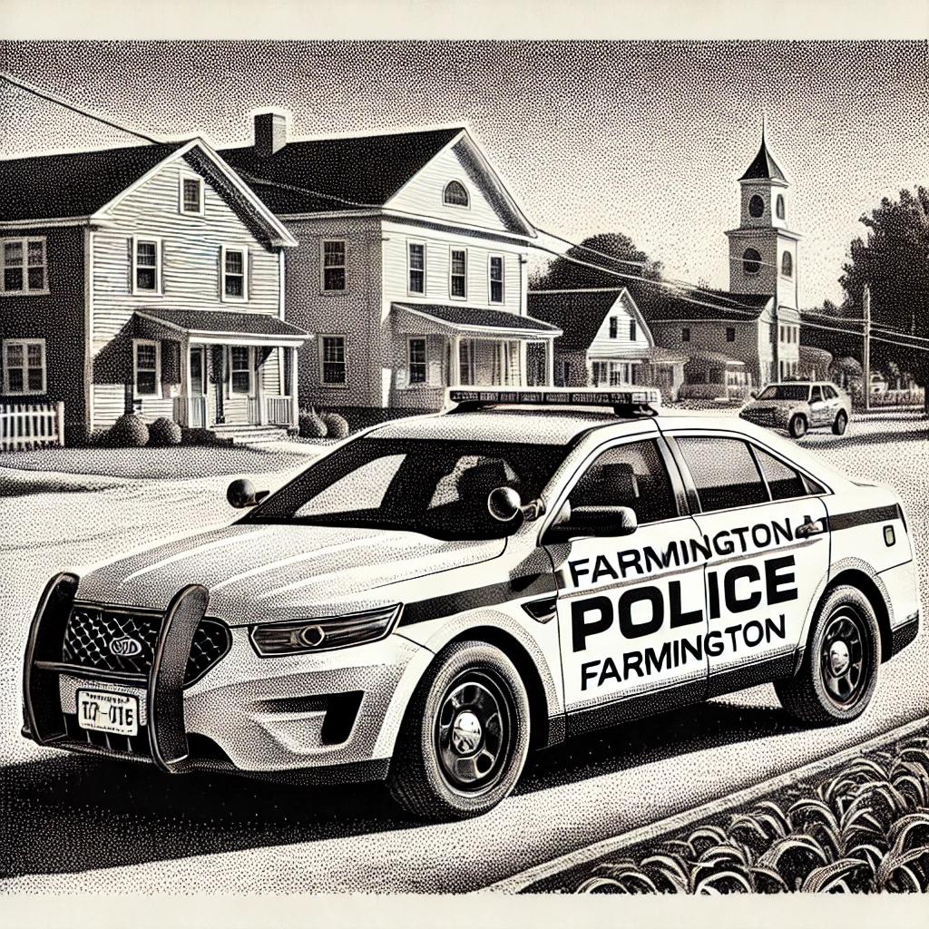 A black and white stipple illustration in the style of the Wall Street Journal depicting a Farmington Police Department car parked on a street in Farmington, CT, with buildings and trees in the background.