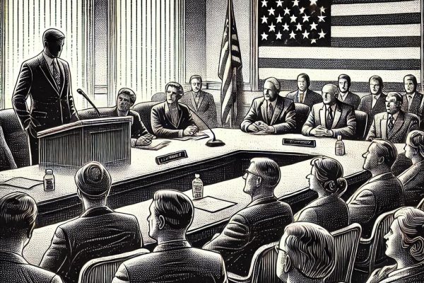 A stipple-style black and white illustration of a formal town council meeting. Council members are seated around a large table, with one member standing and speaking. A U.S. flag is visible in the background, and some audience members are watching attentively.